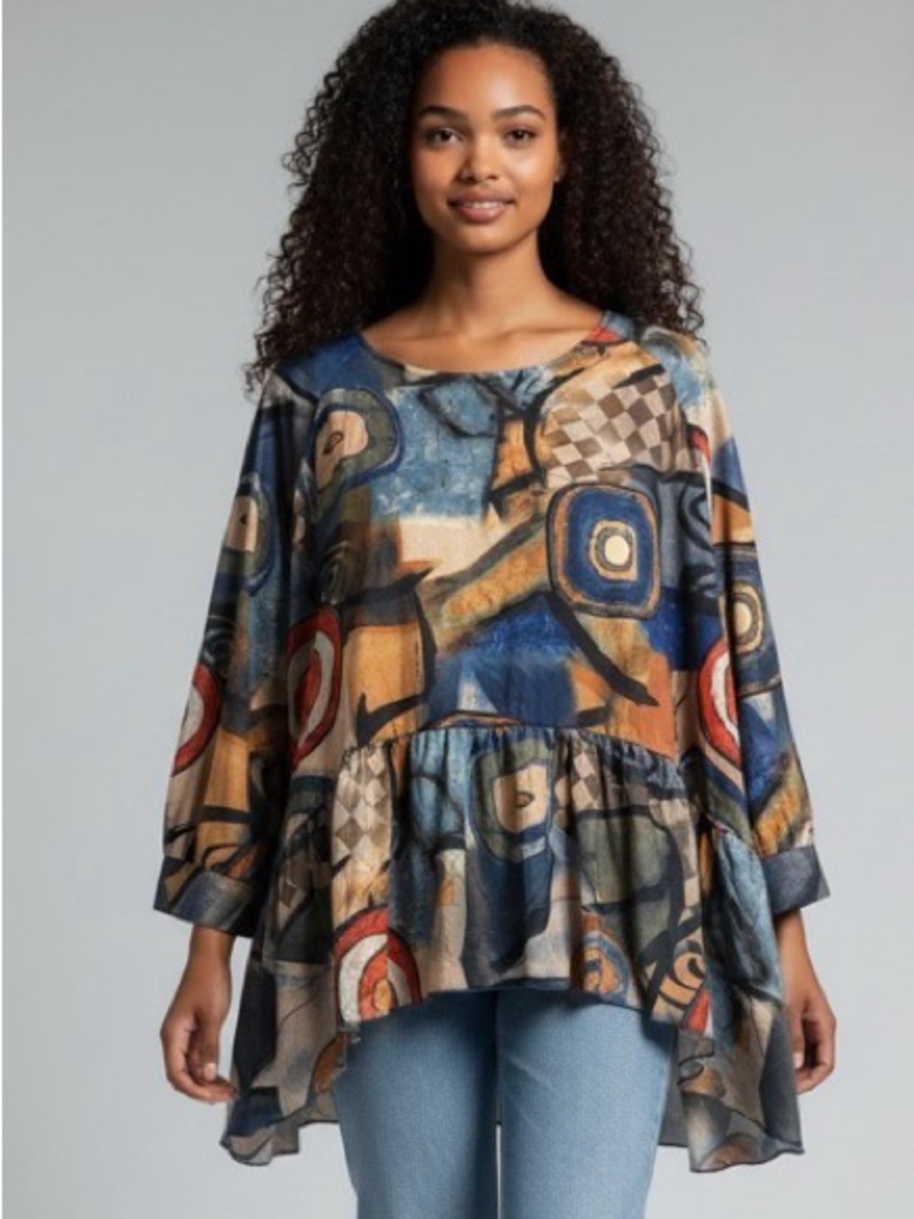 3 Potato "Art to Wear" tunic top with a vibrant abstract print & dolman sleeves